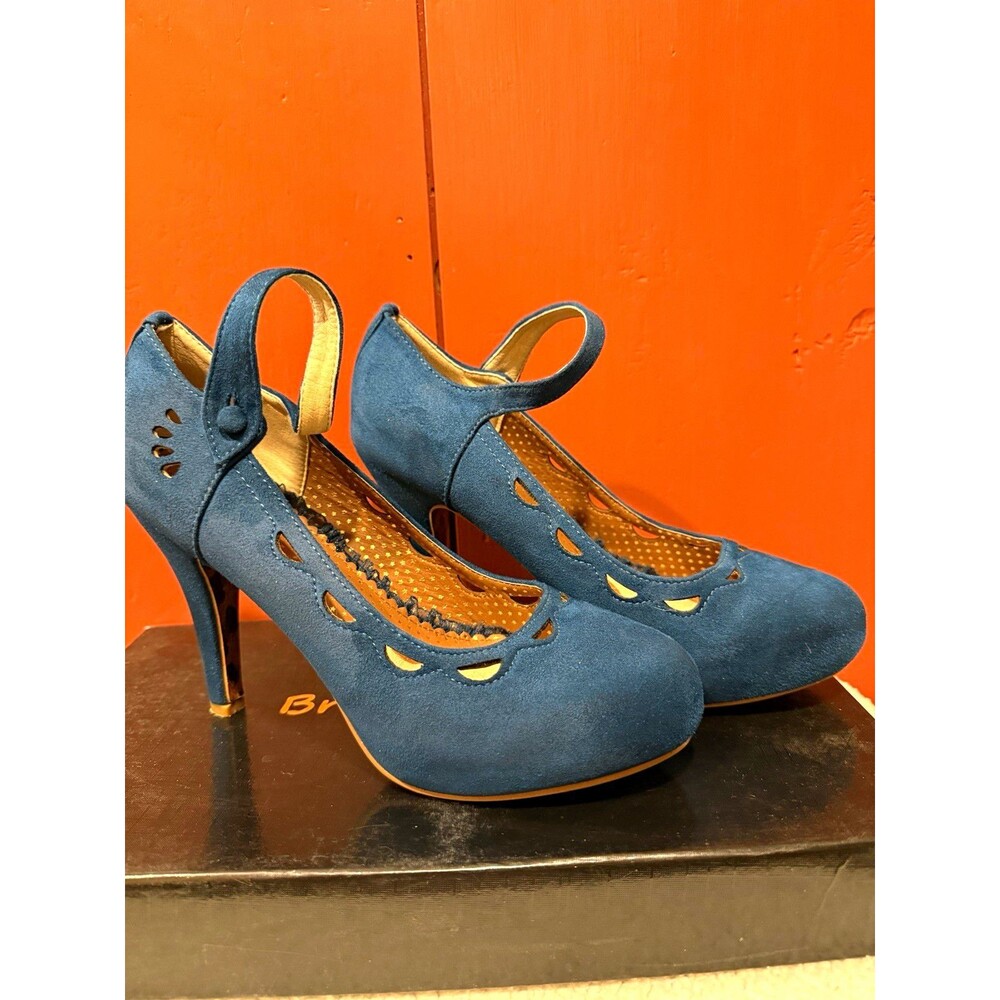 Bettie Page Women’s Blue Suede Ankle Strap Round Toe Stiletto Pumps 8.5
